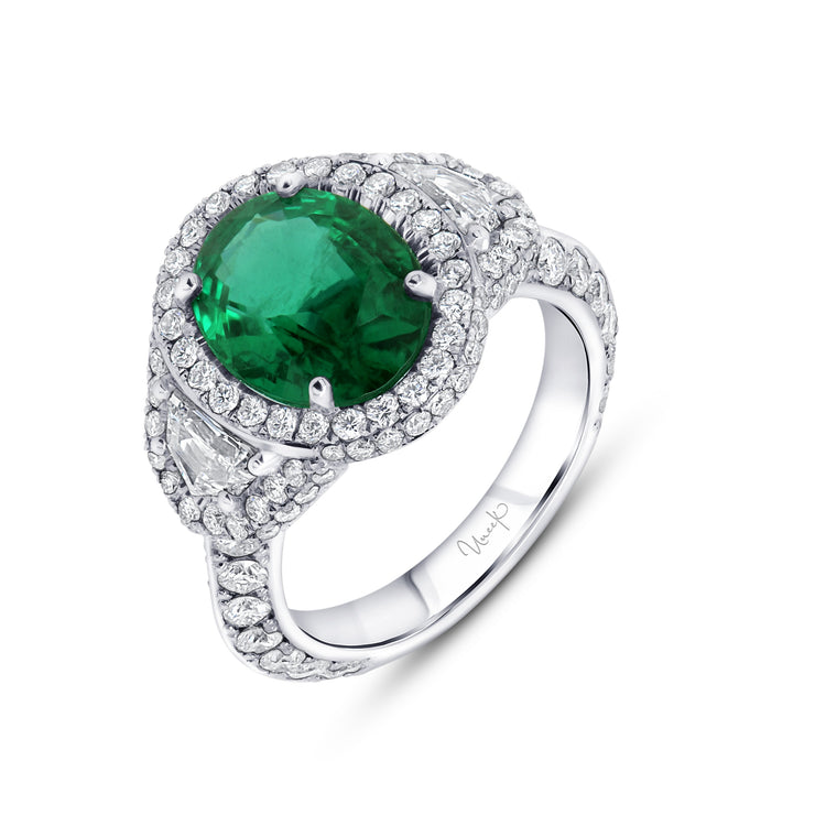 Uneek Precious Collection Halo Oval Shaped Green Diamond Engagement Ring