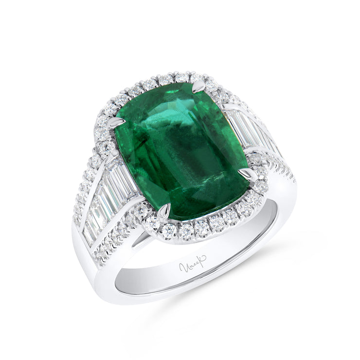 Uneek Precious Collection Halo Cushion Cut Emerald Engagement Ring