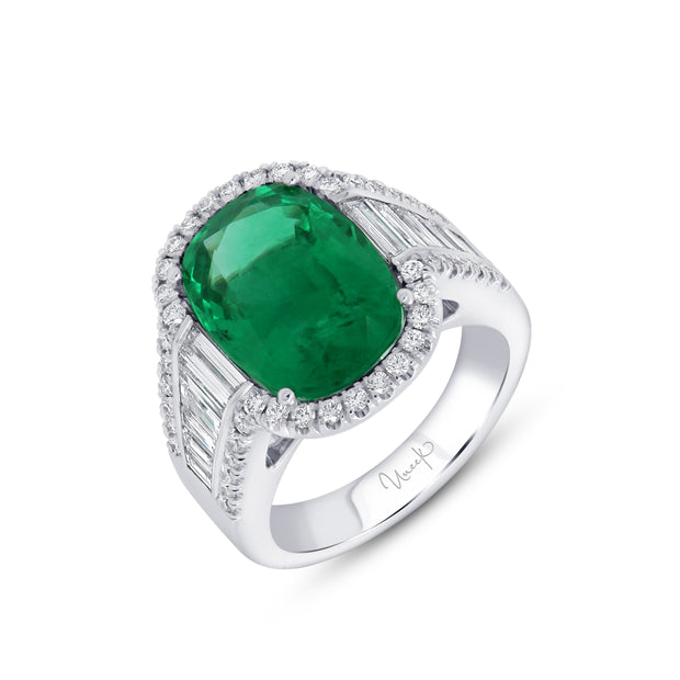 Uneek Precious Collection Halo Cushion Cut Emerald Engagement Ring