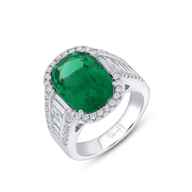 Uneek Precious Collection Halo Cushion Cut Emerald Engagement Ring