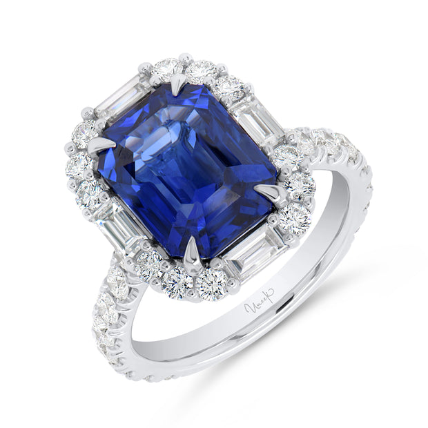 Uneek Precious Collection Halo Emerald Cut Blue Sapphire Anniversary Ring