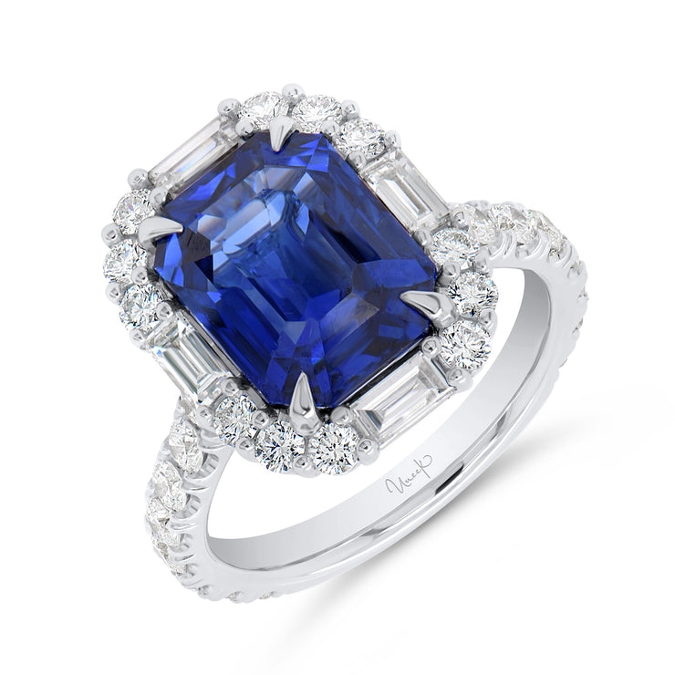 Uneek Precious Collection Halo Emerald Cut Blue Sapphire Anniversary Ring