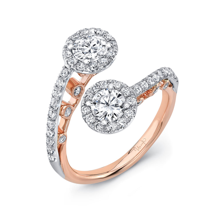 Uneek La Notte Stellata Two-Stone Diamond Ring with Round Halos and Pave Upper Shank