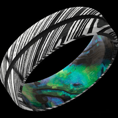 7 mm wide/Beveled/Woodgrain band with one 1 mm Centered inlay of Black also featuring a Abalone sleeve.