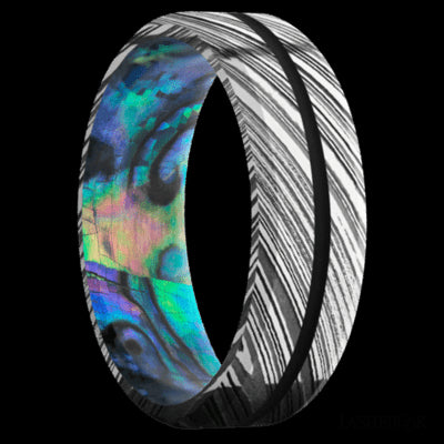 7 mm wide/Beveled/Woodgrain band with one 1 mm Centered inlay of Black also featuring a Abalone sleeve.