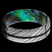 7 mm wide/Beveled/Woodgrain band with one 1 mm Centered inlay of Black also featuring a Abalone sleeve.