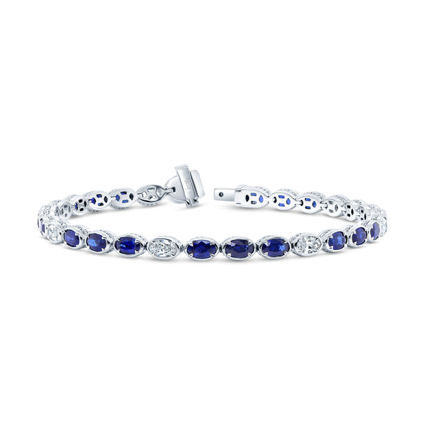 Uneek Precious Collection Bezel Oval Shaped Blue Sapphire Tennis Bracelet