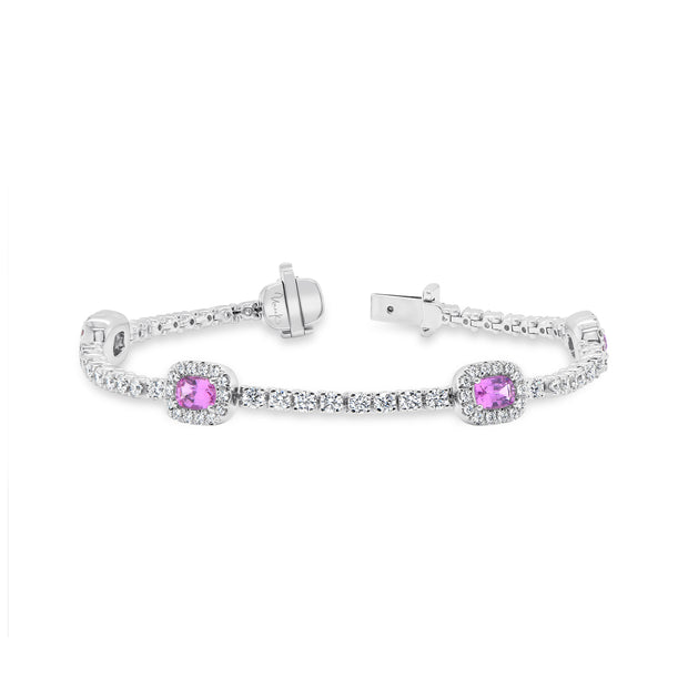 Uneek Precious Collection Halo Cushion Cut Pink Sapphire Link Bracelet