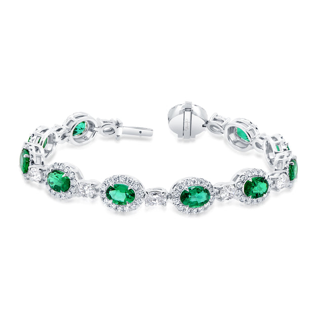 Uneek Precious Collection Halo Oval Shaped Emerald Tennis Bracelet