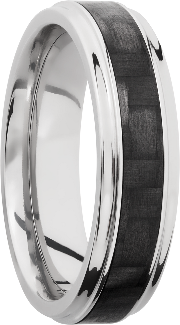 Titanium 6mm flat band with grooved edges and a 3mm inlay of black Carbon Fiber