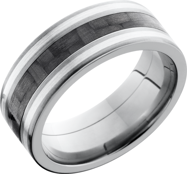 Titanium 8mm flat band with a 3mm inlay of black Carbon Fiber and 2, 1mm inlays of Sterling Silver
