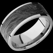 9 mm wide/Flat/Titanium band with one 7 mm Centered inlay of Forged Carbon Fiber.