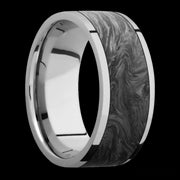 9 mm wide/Flat/Titanium band with one 7 mm Centered inlay of Forged Carbon Fiber.