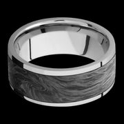 9 mm wide/Flat/Titanium band with one 7 mm Centered inlay of Forged Carbon Fiber.