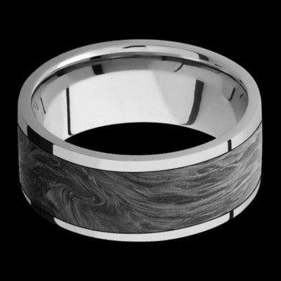 9 mm wide/Flat/Titanium band with one 7 mm Centered inlay of Forged Carbon Fiber.