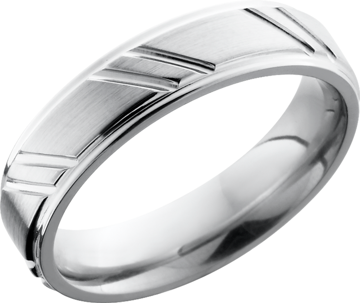 Cobalt chrome 5mm flat band with grooved edges and a striped pattern