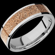 7 mm wide/Flat/Cobalt Chrome band with one 5 mm Centered inlay of Dinosaur Bone Tan.