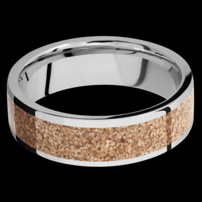 7 mm wide/Flat/Cobalt Chrome band with one 5 mm Centered inlay of Dinosaur Bone Tan.