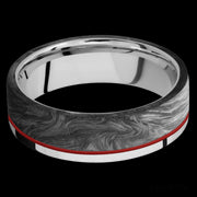 7 mm wide/Flat/Cobalt Chrome band with one 5 mm Off Center Edge inlay of Forged Carbon Fiber.