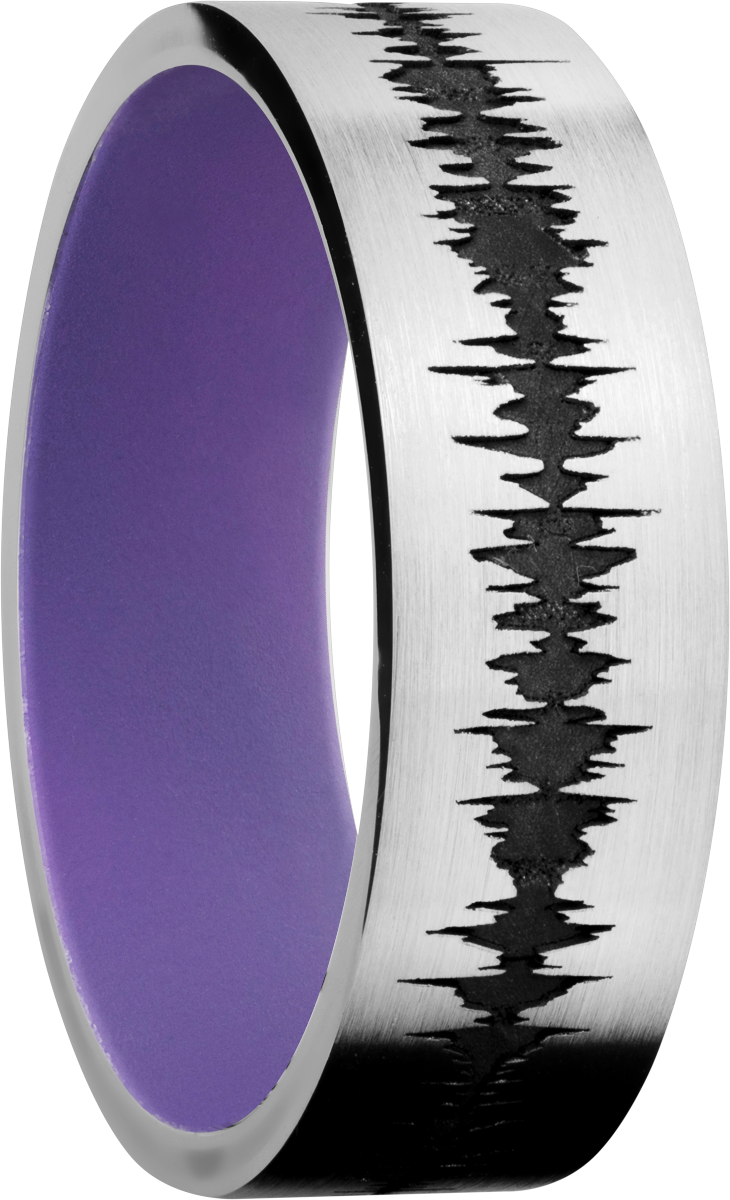 Cobalt chrome 7mm flat band with a laser-carved personalized soundwave and a Bright Purple Cerakote Sleeve