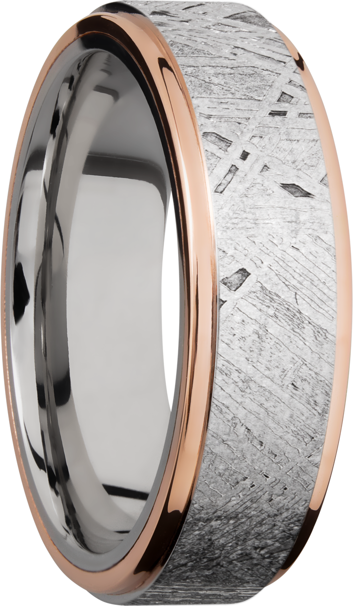Cobalt chrome 7mm flat band with an inlay of authentic Gibeon Meteorite and 14K rose gold edges