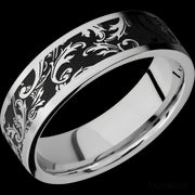 7 mm wide/Flat/Cobalt Chrome band with a laser carved Black Leaf pattern.
