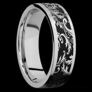 7 mm wide/Flat/Cobalt Chrome band with a laser carved Black Leaf pattern.