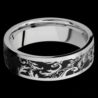 7 mm wide/Flat/Cobalt Chrome band with a laser carved Black Leaf pattern.