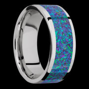 8 mm wide/Flat/Cobalt Chrome band with one 6 mm Centered inlay of Blue Green Opal.