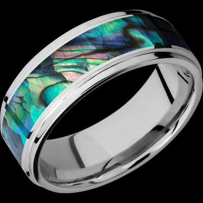 8 mm wide/Flat Grooved Edges/Cobalt Chrome band with one 5 mm Centered inlay of Abalone.