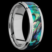 8 mm wide/Flat Grooved Edges/Cobalt Chrome band with one 5 mm Centered inlay of Abalone.