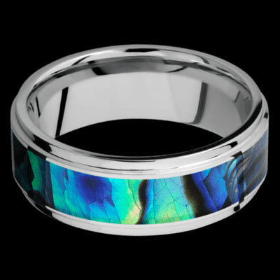 8 mm wide/Flat Grooved Edges/Cobalt Chrome band with one 5 mm Centered inlay of Abalone.