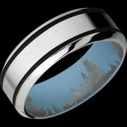 8 mm wide/High Bevel/Cobalt Chrome band with two 1 mm Wide inlays of Black also featuring a Polar Blue sleeve.