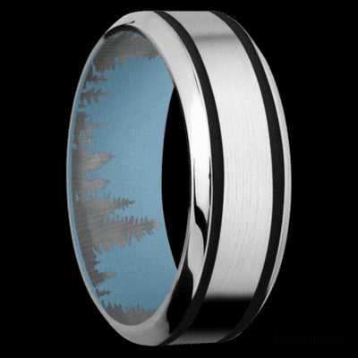 8 mm wide/High Bevel/Cobalt Chrome band with two 1 mm Wide inlays of Black also featuring a Polar Blue sleeve.