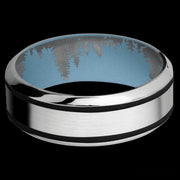 8 mm wide/High Bevel/Cobalt Chrome band with two 1 mm Wide inlays of Black also featuring a Polar Blue sleeve.