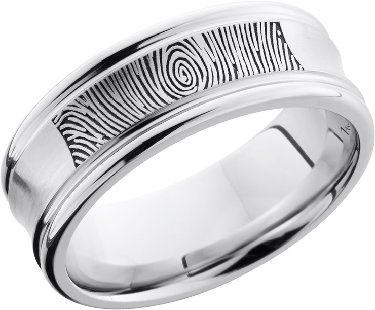Cobalt chrome 8mm concave band with rounded edges and a laser-carved fingerprint
