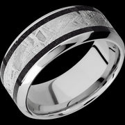 9 mm wide/High Bevel/Cobalt Chrome band featuring inlays of Dinosaur Bone Black and Meteorite.