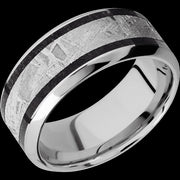 9 mm wide/High Bevel/Cobalt Chrome band featuring inlays of Dinosaur Bone Black and Meteorite.
