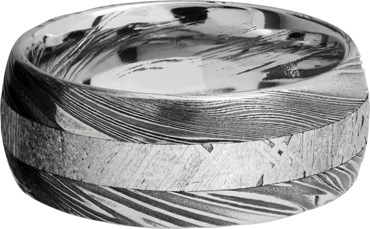 Handmade 9mm Woodgrain Damascus steel band with an inlay of authentic Gibeon Meteorite