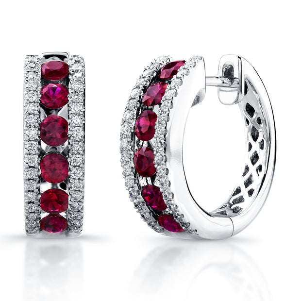 Uneek Precious Collection 3-Row Round Ruby Huggie Earrings