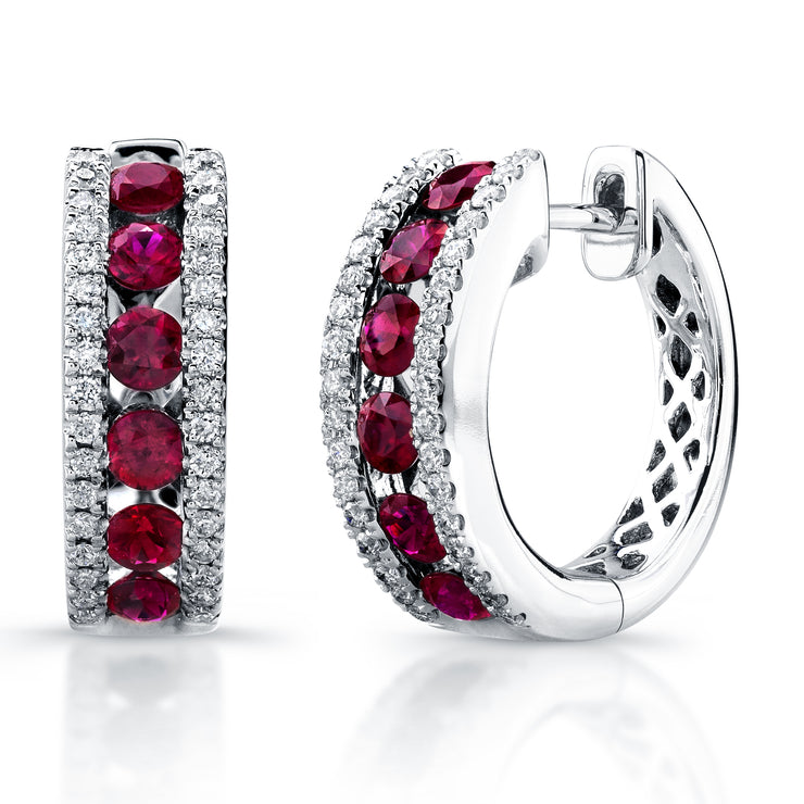Uneek Precious Collection 3-Row Round Ruby Huggie Earrings