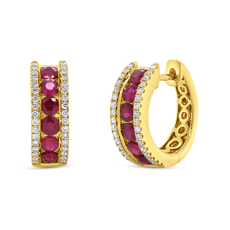 Uneek Precious Collection 3-Row Round Ruby Huggie Earrings