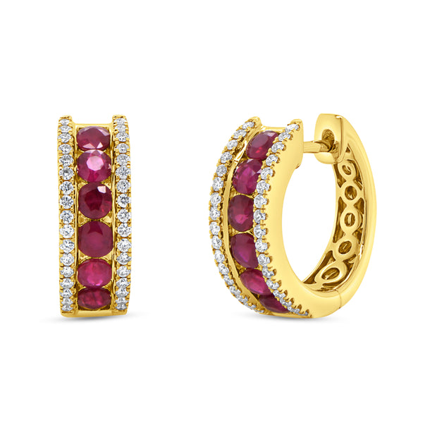 Uneek Precious Collection 3-Row Round Ruby Huggie Earrings