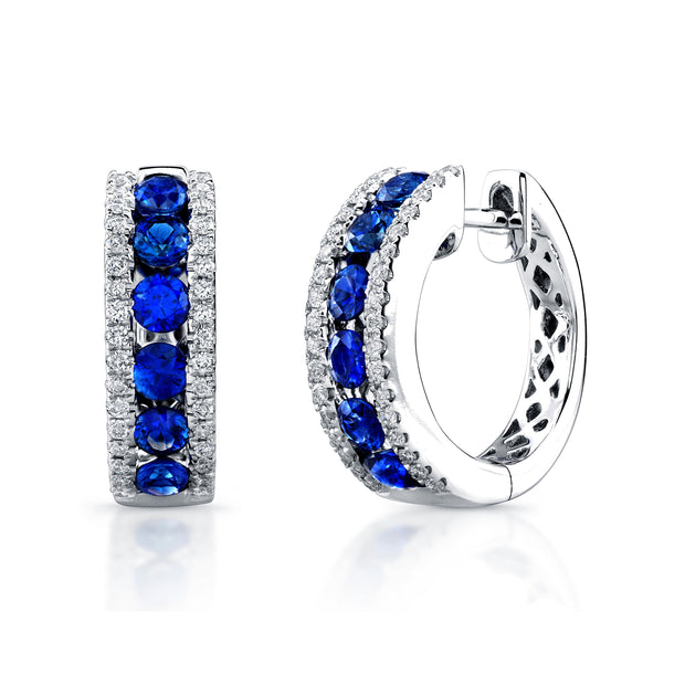 Uneek Precious Collection 3-Row Round Blue Sapphire Huggie Earrings