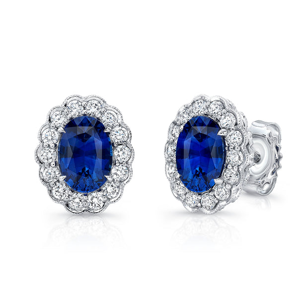 Uneek Oval Blue Sapphire Stud Earrings with Scallop-Style Diamond Halo with Milgrain Edging