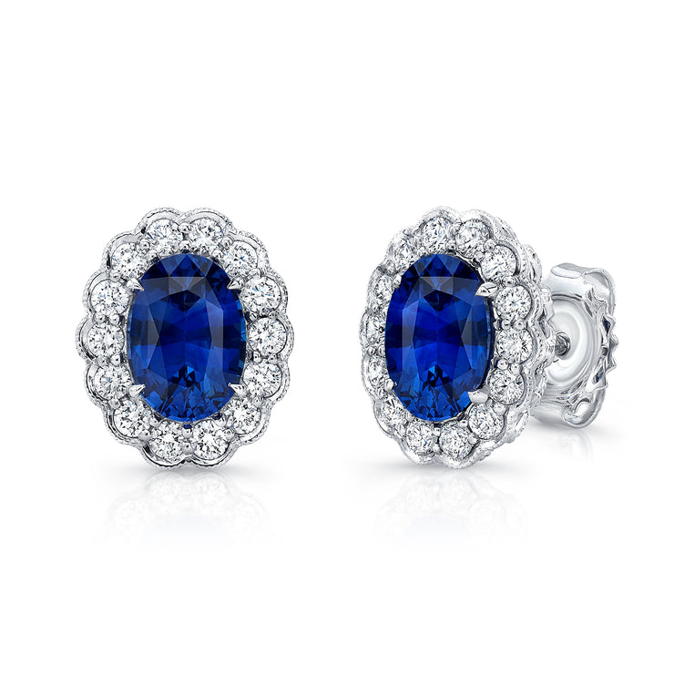Uneek Precious Collection Halo Oval Blue Sapphire Stud Earrings