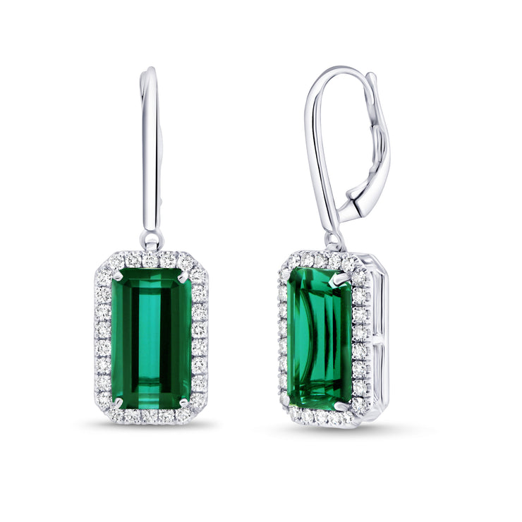 Uneek Precious Collection Halo Emerald Cut Green Tourmaline Drop Earrings