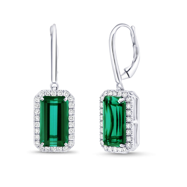 Uneek Precious Collection Halo Emerald Cut Green Tourmaline Drop Earrings