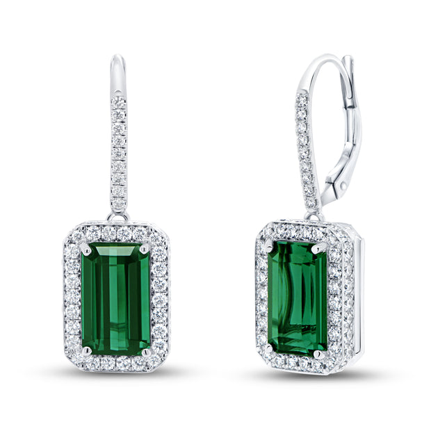 Uneek Precious Collection Halo Emerald Cut Indicolite Tourmaline Drop Earrings