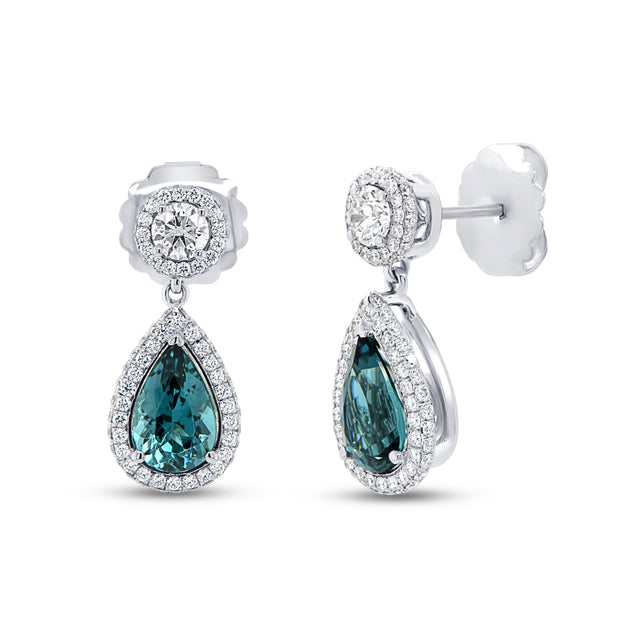 Uneek Precious Collection Double-Halo Pear Shaped Green Tourmaline Anniversary Earrings